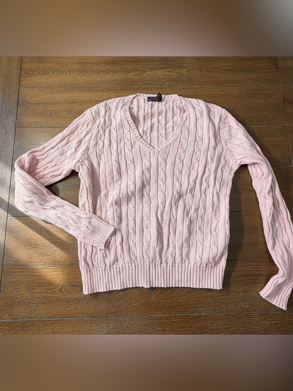 Ralph Lauren Light Pink Cable-Knit V-Neck Sweater